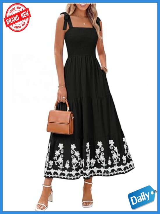 Dresses & Skirts - Smocked Spaghetti Strap Embroidery Maxi Dress with Pockets